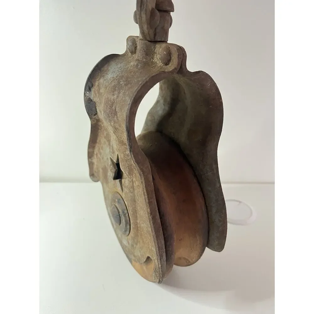 Vintage STARLINE Metal Wood Industrial Barn Hay Rope Antique Pulley Steampunk